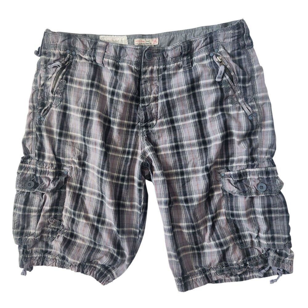 VTG 555 Soul Essentials-Gray Plaid Mens Cargo Shorts-Cinch Leg/Waist-Thrashed 36